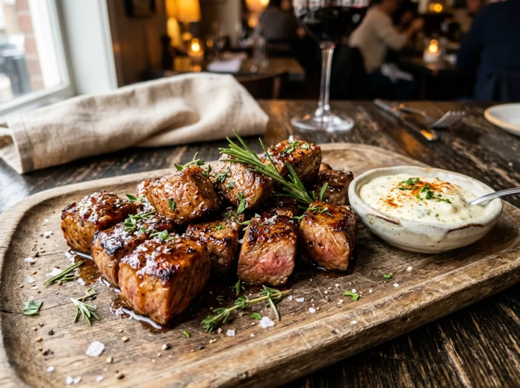 Gourmet pan-seared steak bites with garlic herb glaze and creamy aioli dipping sauce on a wooden platter.