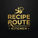 "Professional gold logo for 'Recipe Route Kitchen' featuring a chef's hat, fork, road path symbol, and a kitchen knife integrated into the typography on a black background."