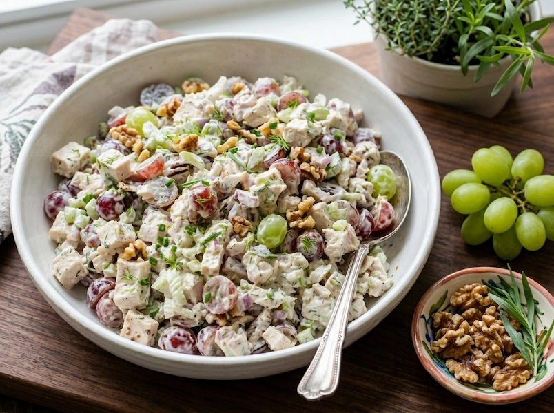 Close-up photograph of a rustic ceramic bowl filled with a creamy chicken salad featuring diced chicken, red and green grape halves, crunchy walnuts, celery, and fresh dill. Set on a wooden board next to a potted thyme plant and extra grapes."