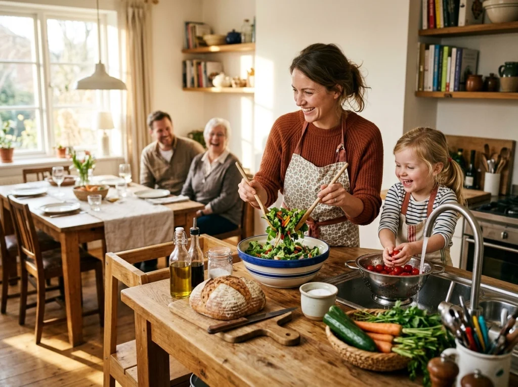 "A smiling mother tossing a fresh green salad in a bowl while her young daughter washes cherry tomatoes at the kitchen sink. In the sunlit background, family members sit happily at a dining table waiting for their home-cooked meal."