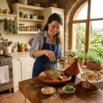A smiling female chef in a blue apron standing in a sunlit rustic farmhouse kitchen, garnishing a steaming traditional Moroccan lamb and apricot tagine with fresh herbs. The wooden island also holds toasted almonds and a basket of fresh flatbread