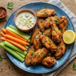 Top-down view of a blue plate filled with crispy golden-brown chicken wings, fresh celery and carrot sticks, and a small copper bowl of creamy blue cheese dressing on a wooden table."