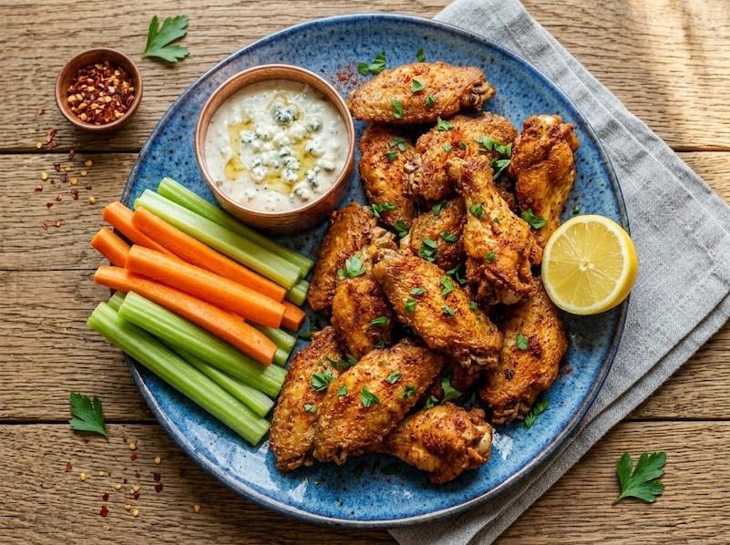 Top-down view of a blue plate filled with crispy golden-brown chicken wings, fresh celery and carrot sticks, and a small copper bowl of creamy blue cheese dressing on a wooden table."