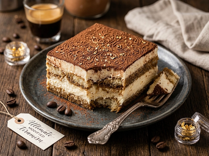 An exquisite slice of ultimate modified tiramisu dessert on a dark plate, featuring ladyfinger and mascarpone layers, a complex stenciled filigree cocoa pattern, and edible gold leaf flakes. Coffee beans, an espresso shot, and jars of gold leaf are on a rustic wooden table. A decorative tag on the table reads 'ULTIMATE MODIFIED TIRAMISU