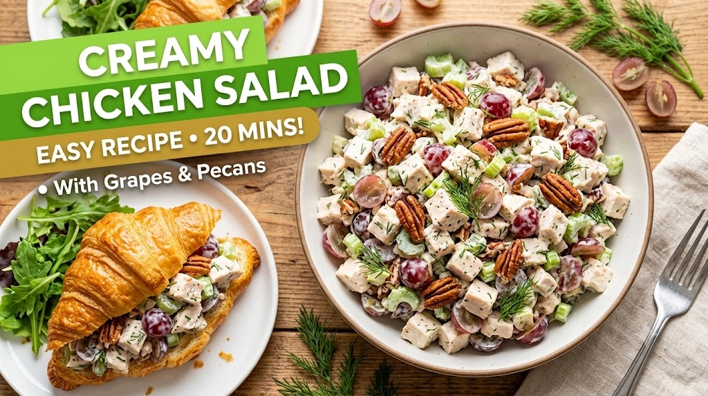 A bowl of creamy chicken salad with red grapes and pecans next to a stuffed croissant on a wooden table, with bold text overlays reading "Creamy Chicken Salad, Easy Recipe 20 Mins!, With Grapes & Pecans".