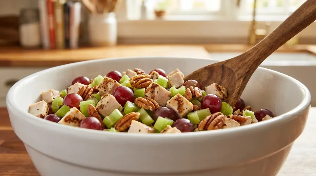 A large white mixing bowl filled with diced chicken, red grapes, chopped celery, and toasted pecans, with a wooden spoon resting inside, set on a kitchen counter.