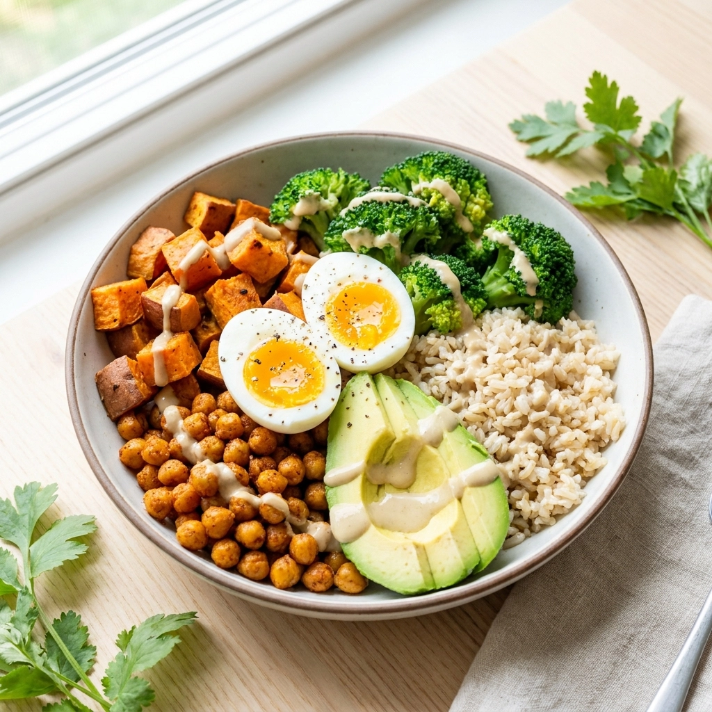 A healthy diet Buddha bowl featuring roasted sweet potatoes, spiced chickpeas, sliced avocado, brown rice, steamed broccoli, and soft-boiled eggs, all drizzled with tahini dressing.