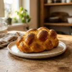 A freshly baked, golden-brown braided Challah bread loaf sprinkled with poppy seeds, served on a rustic ceramic plate on a wooden kitchen table.