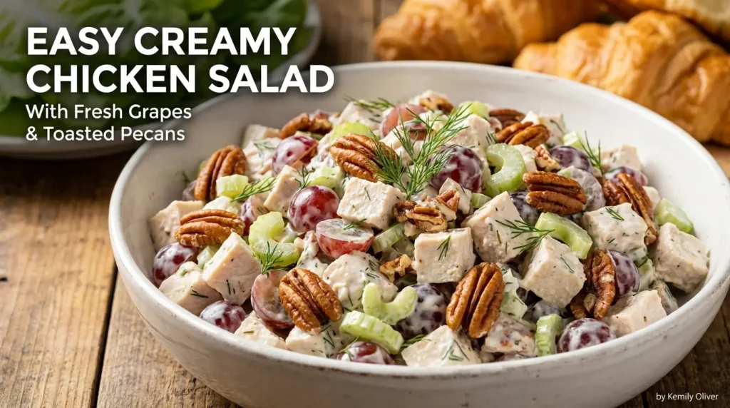 A white ceramic bowl filled with creamy chicken salad containing diced chicken, red grapes, celery, and toasted pecans on a rustic wooden table, with the text "Easy Creamy Chicken Salad" and author credit by Kemily Oliver