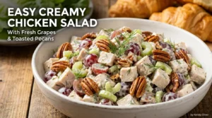 A white ceramic bowl filled with creamy chicken salad containing diced chicken, red grapes, celery, and toasted pecans on a rustic wooden table, with the text "Easy Creamy Chicken Salad" and author credit by Kemily Oliver