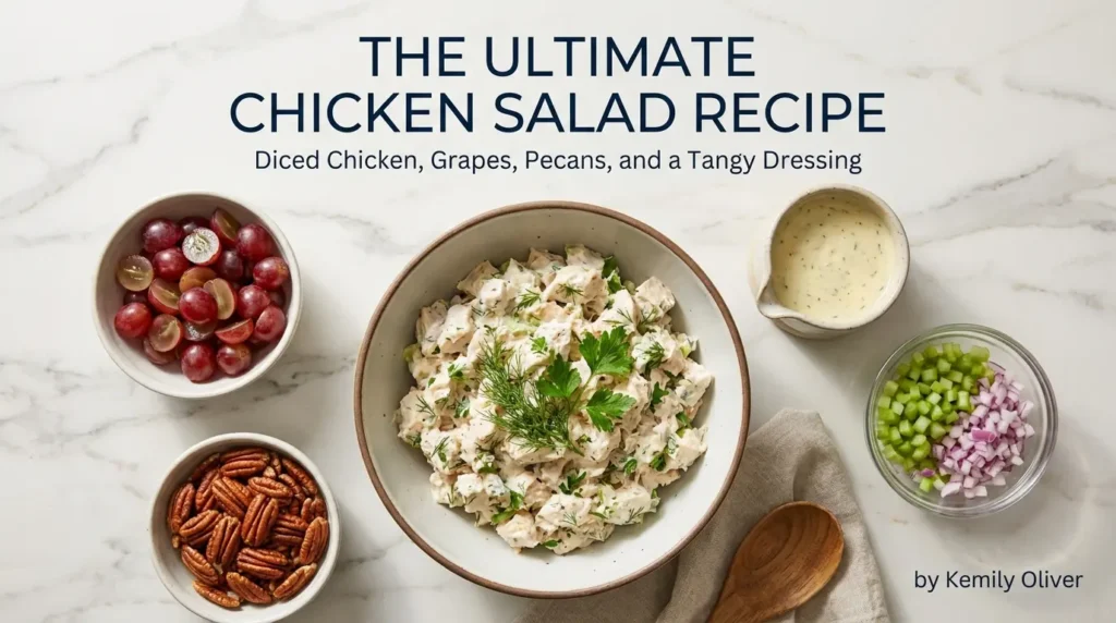 A top-down flat lay on a white marble counter showing a bowl of creamy chicken salad surrounded by small bowls of halved red grapes, toasted pecans, diced celery, chopped red onion, and a tangy dressing. Text reads "The Ultimate Chicken Salad Recipe" by Kemily Oliver.