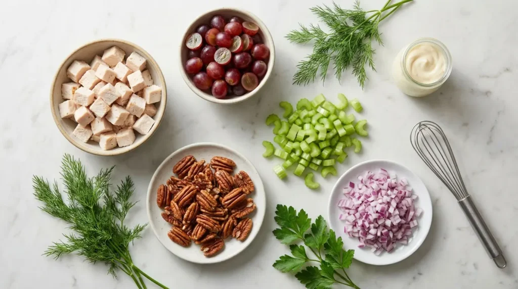 A top-down flat lay on a white marble surface showing individual portions of diced cooked chicken, halved red grapes, toasted pecans, chopped celery, diced red onion, a jar of mayonnaise, fresh dill, parsley, and a wire whisk.