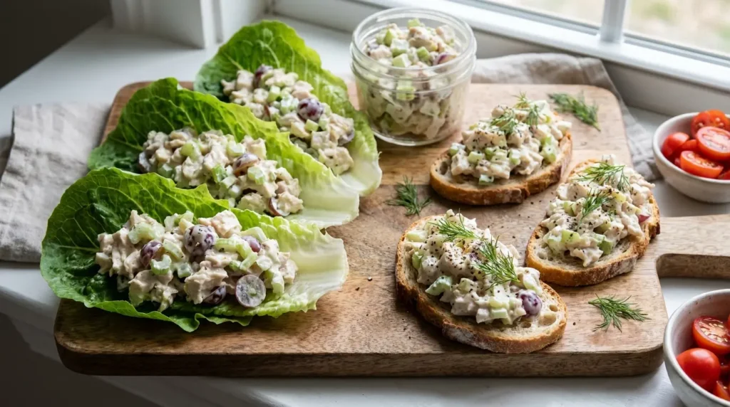 Creamy chicken salad served two ways on a wooden cutting board: scooped into fresh romaine lettuce cups and piled on toasted artisan bread slices, garnished with dill.