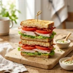A tall, stacked club sandwich with toasted bread, turkey, bacon, fresh lettuce, and tomato slices on a wooden cutting board, served with dipping sauce.