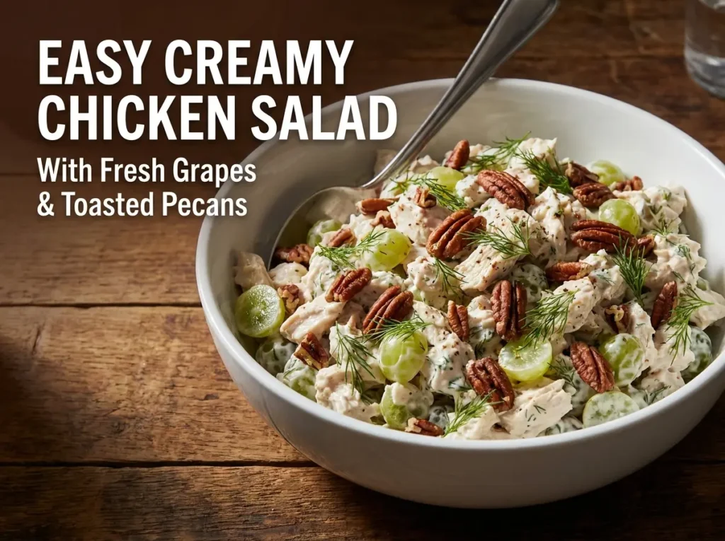 A white bowl filled with creamy chicken salad, green grapes, toasted pecans, and fresh dill on a wooden table, featuring the text "Easy Creamy Chicken Salad With Fresh Grapes & Toasted Pecans".