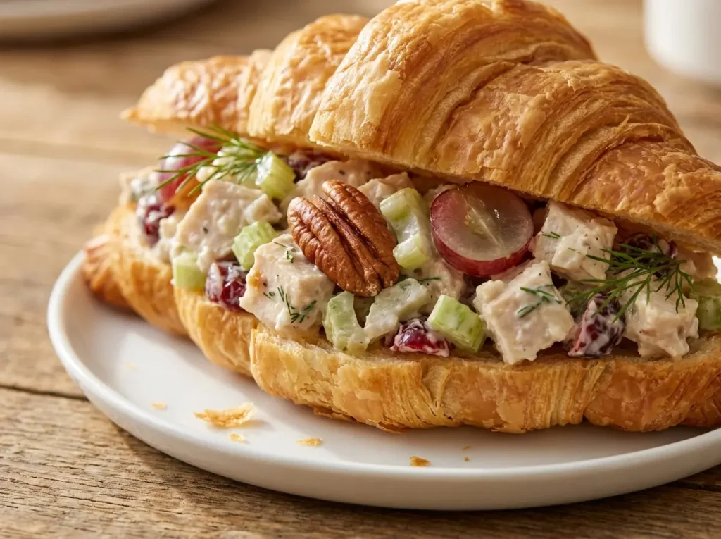 An extreme close-up of a flaky golden croissant stuffed with creamy chicken salad containing diced chicken, red grapes, celery, and toasted pecans on a white plate