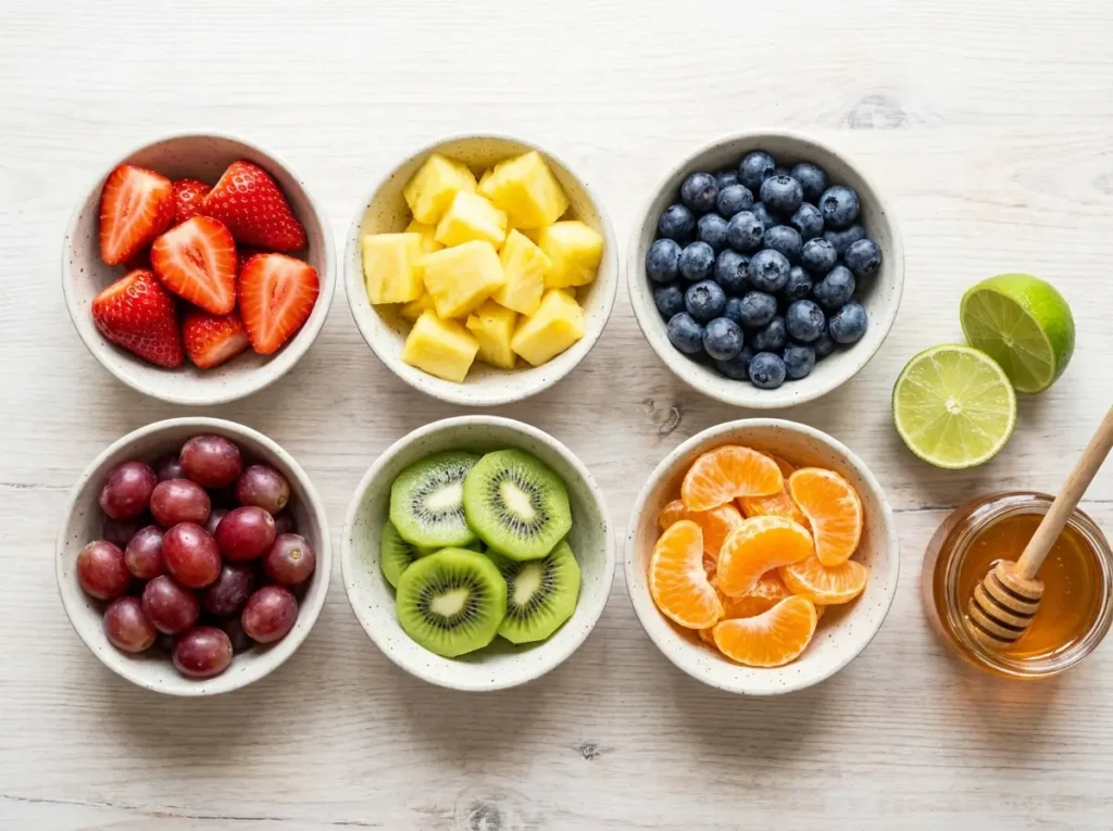 op-down flat lay of fresh fruit salad ingredients organized in six separate small bowls: sliced strawberries, pineapple chunks, blueberries, red grapes, sliced kiwi, and mandarin orange segments. Beside them is a jar of honey with a wooden dipper and two halves of a fresh lime on a rustic white wooden background.