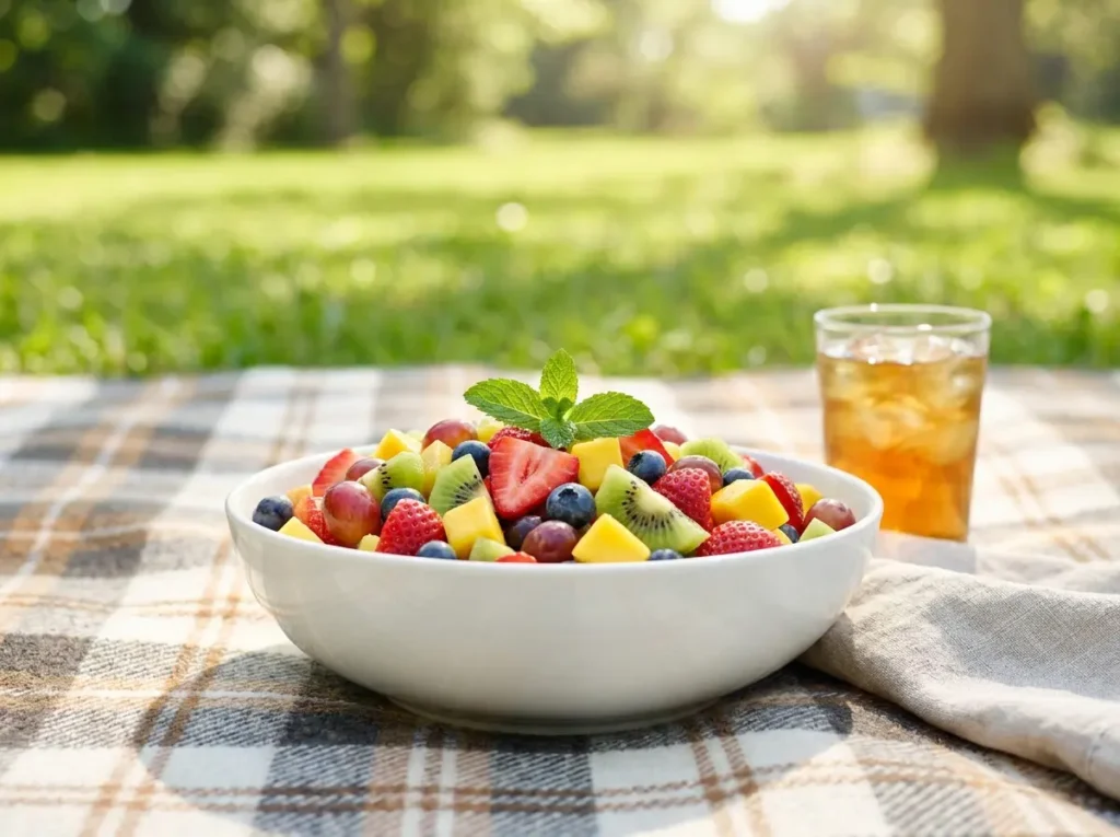 A white serving bowl filled with colorful fresh fruit salad garnished with a mint sprig, sitting on a plaid picnic blanket outdoors in a sunny park with a glass of iced tea.