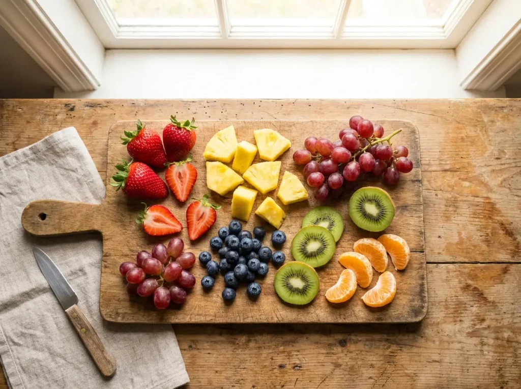 Top-down view of fresh fruit salad ingredients including strawberries, pineapple, grapes, blueberries, kiwi, and mandarin oranges arranged on a rustic wooden cutting board next to a knife.