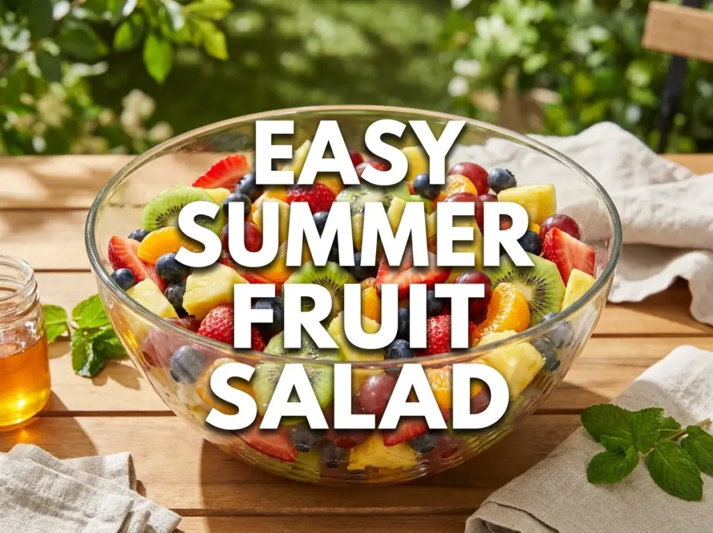 A large glass bowl of fresh rainbow fruit salad on an outdoor wooden picnic table, with bold white text reading "EASY SUMMER FRUIT SALAD" across the center.