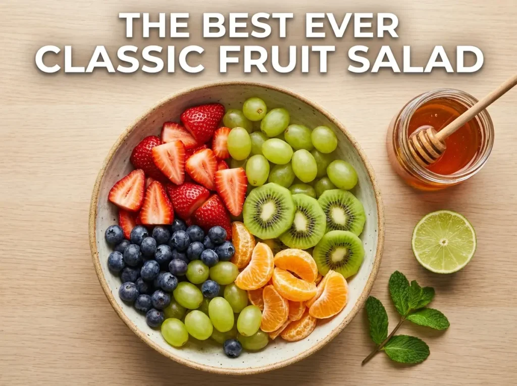 Top-down view of a colorful classic fruit salad bowl with strawberries, kiwi, grapes, and blueberries, alongside honey, lime, and mint for the dressing. Text reads The Best Ever Classic Fruit Salad.