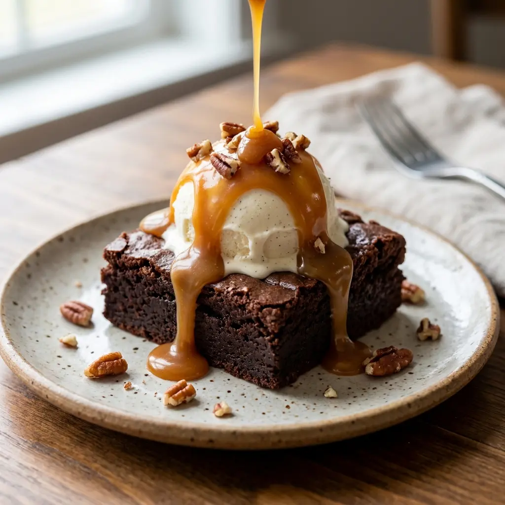 A close-up of a rich chocolate fudge brownie topped with a scoop of vanilla ice cream, toasted pecans, and dripping caramel sauce on a rustic ceramic plate.