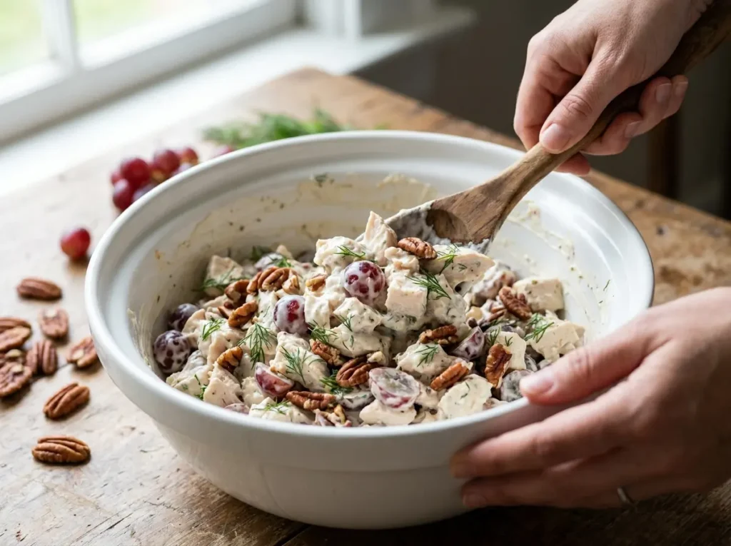 Two hands using a rustic wooden spoon to fold creamy dressing into a large white bowl of diced chicken, red grapes, toasted pecans, and fresh dill on a wooden table near a bright window.
