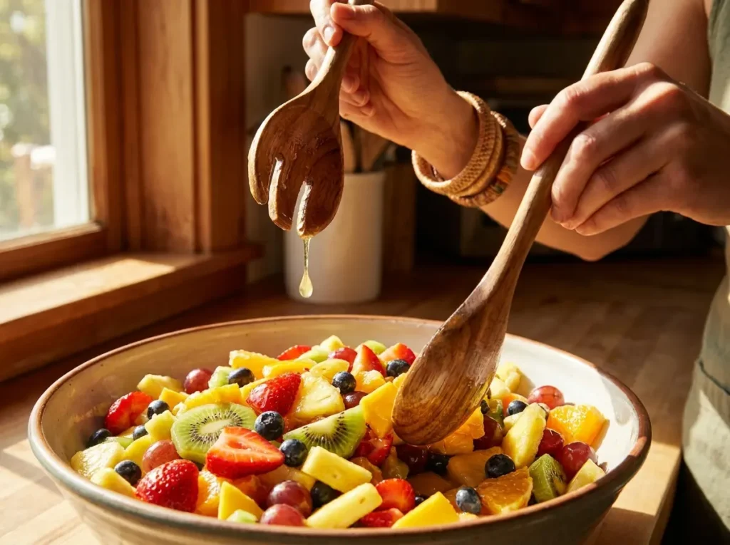 A person's hands using large wooden salad servers to gently toss a large bowl of colorful fresh fruit salad. A drop of honey lime dressing is dripping from one of the wooden spoons. Sunlight streams through a kitchen window in the background.