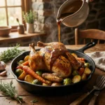 A whole herb-roasted chicken in a cast-iron skillet, surrounded by roasted carrots, potatoes, and Brussels sprouts, with rich brown gravy being poured over the top.