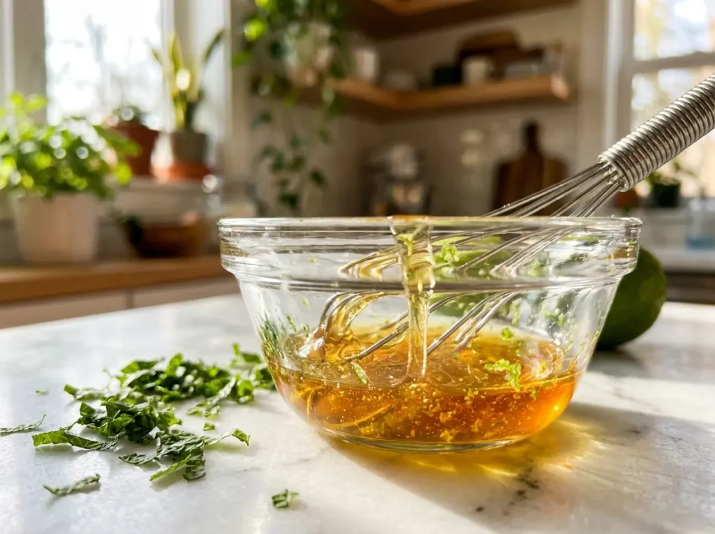 Close-up of a metal whisk dripping golden honey into a small glass bowl filled with citrus dressing and lime zest. Finely chopped fresh mint leaves are scattered on a white marble kitchen counter next to the bowl.