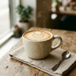 A hot latte in a speckled ceramic mug with beautiful heart-shaped latte art, served on a linen napkin on a wooden table with a silver spoon.
