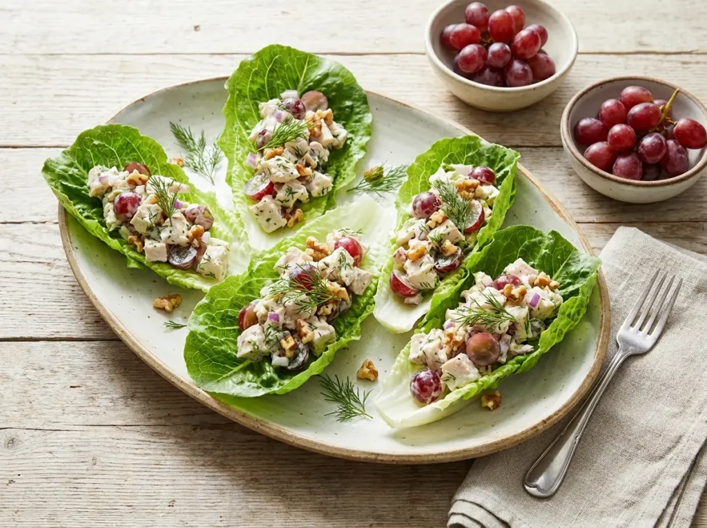 A rustic ceramic plate featuring five crisp green lettuce leaves generously filled with creamy chicken salad, red grapes, and toasted nuts, with small bowls of fresh grapes in the background