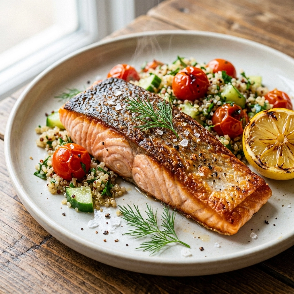 Close-up of a beautifully pan-seared salmon fillet with crispy skin, served on a light plate with quinoa, roasted cherry tomatoes, cucumbers, fresh dill, and a grilled lemon half.
