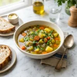 A bowl of healthy vegetable and herb soup with visible chunks of carrots, potatoes, and celery, served with slices of crusty bread on a marble table.