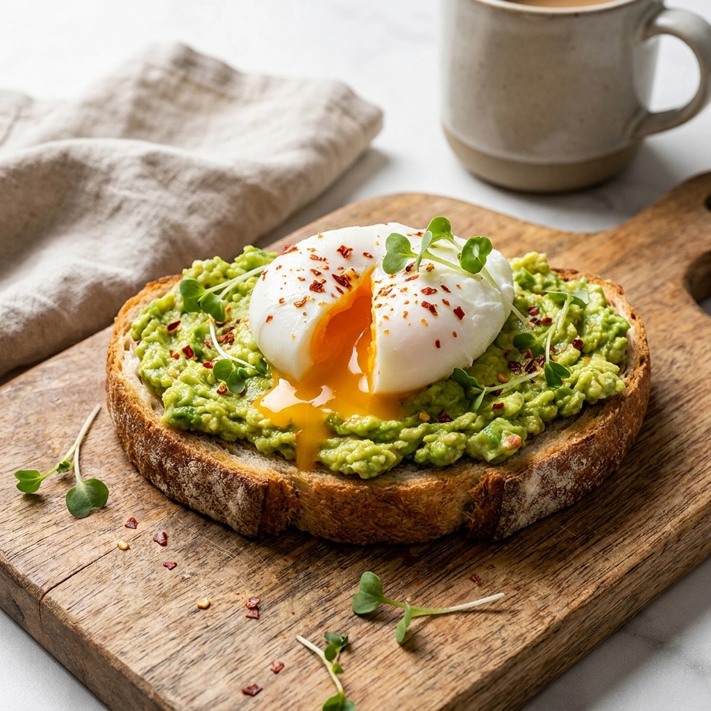 A close-up of thick sourdough toast topped with mashed avocado and a perfectly poached egg with a runny golden yolk, garnished with red pepper flakes and microgreens on a rustic wooden board.