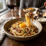 A close-up of creamy spaghetti carbonara in a rustic bowl, topped with a bright egg yolk, crispy pancetta, and black pepper, with a fork twirling the pasta.